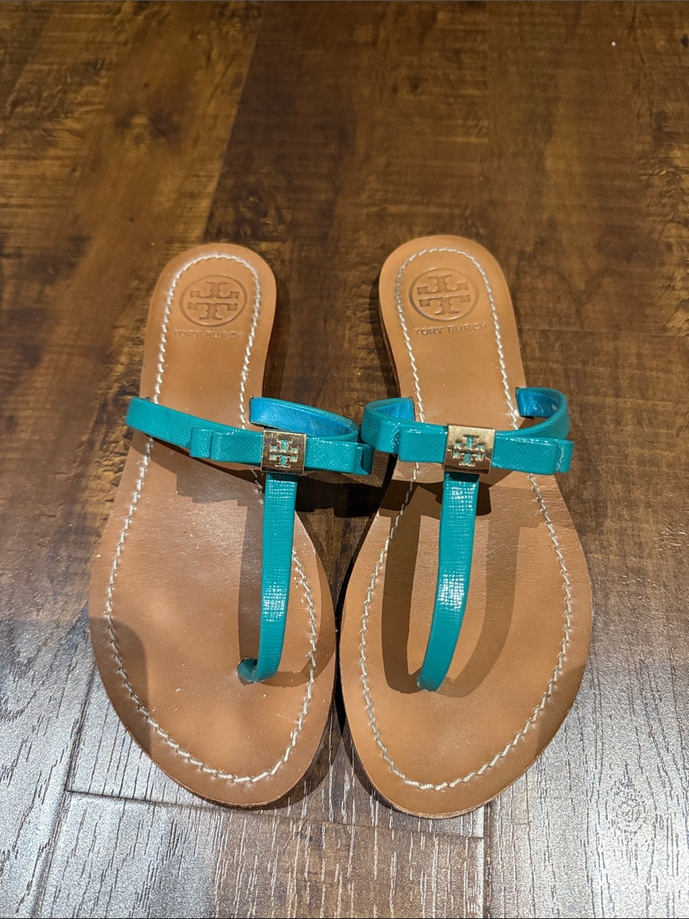 Tory Burch Teal Strap Logo Thong Sandals